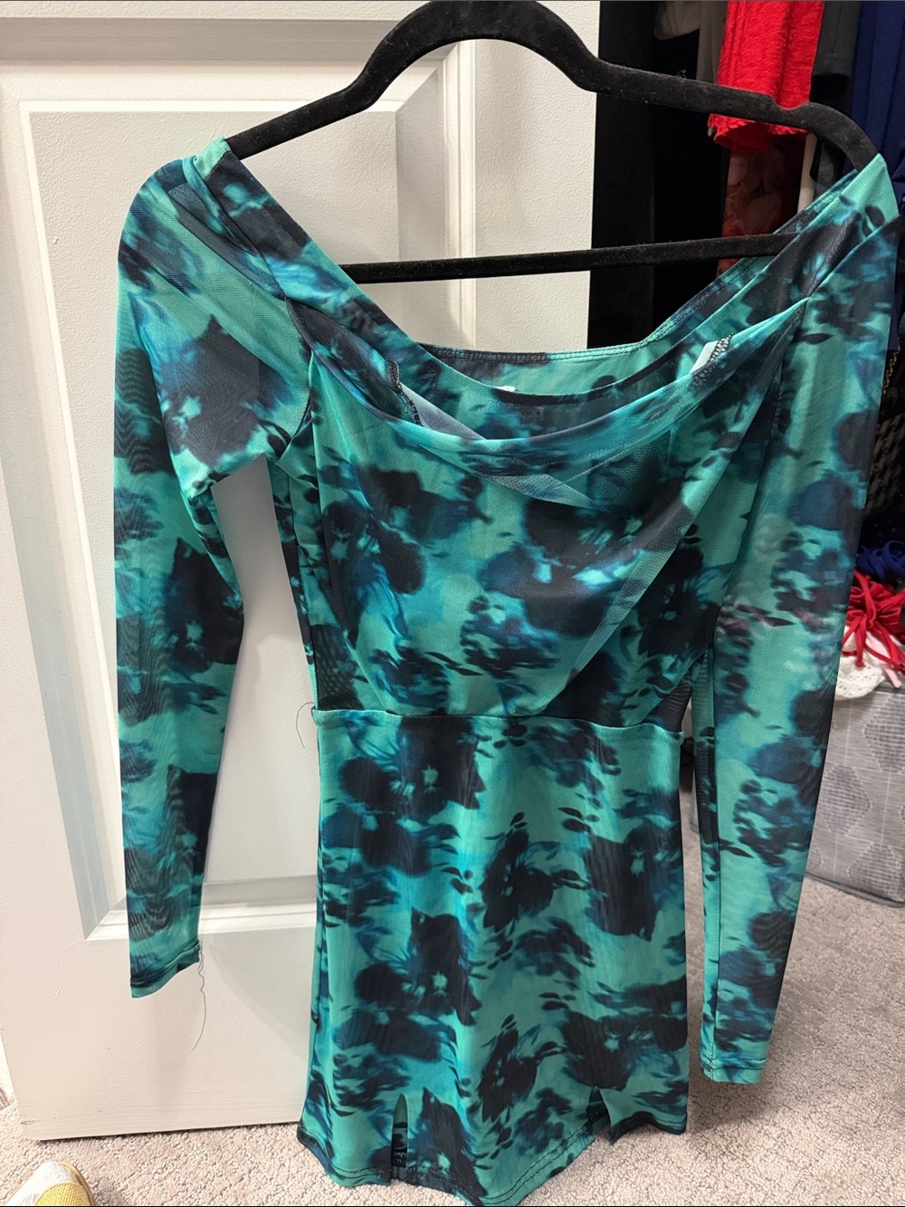 Princess Polly Teal & Black Floral-Print Long Sleeve Dress